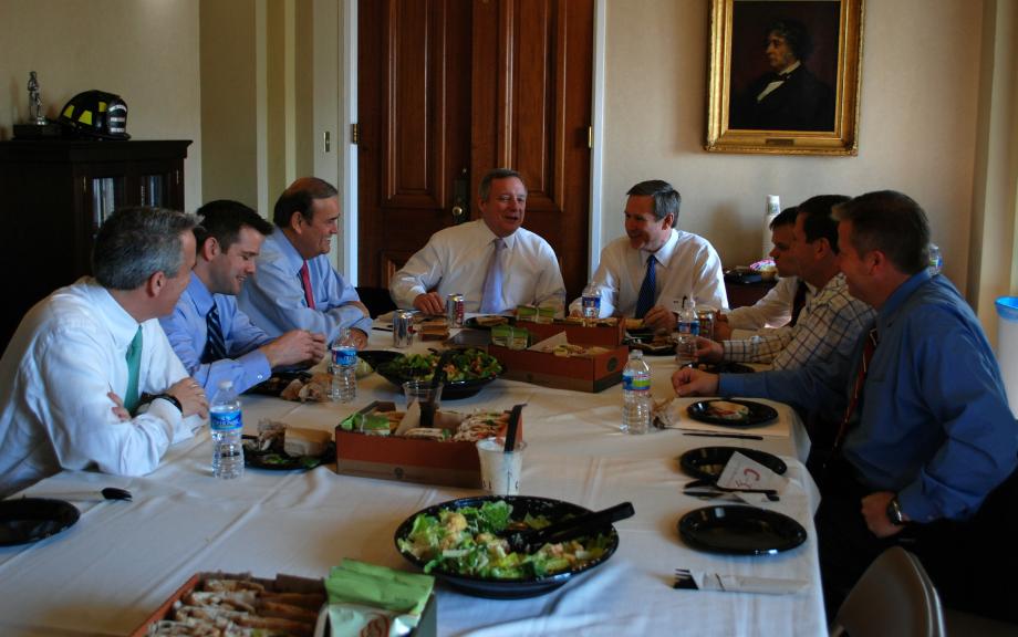 Durbin hosted Senator Kirk and members of the Illinois Congressional Delegation at a luncheon to discuss how they can work together to solve issues facing Illinois. Pictured here, left to right, Representatives Joe Walsh, Adam Kinzinger, Jerry Costello, Senators Durbin and Kirk, Representatives Mike Quigley, Bob Dold, and Randy Hultgren.